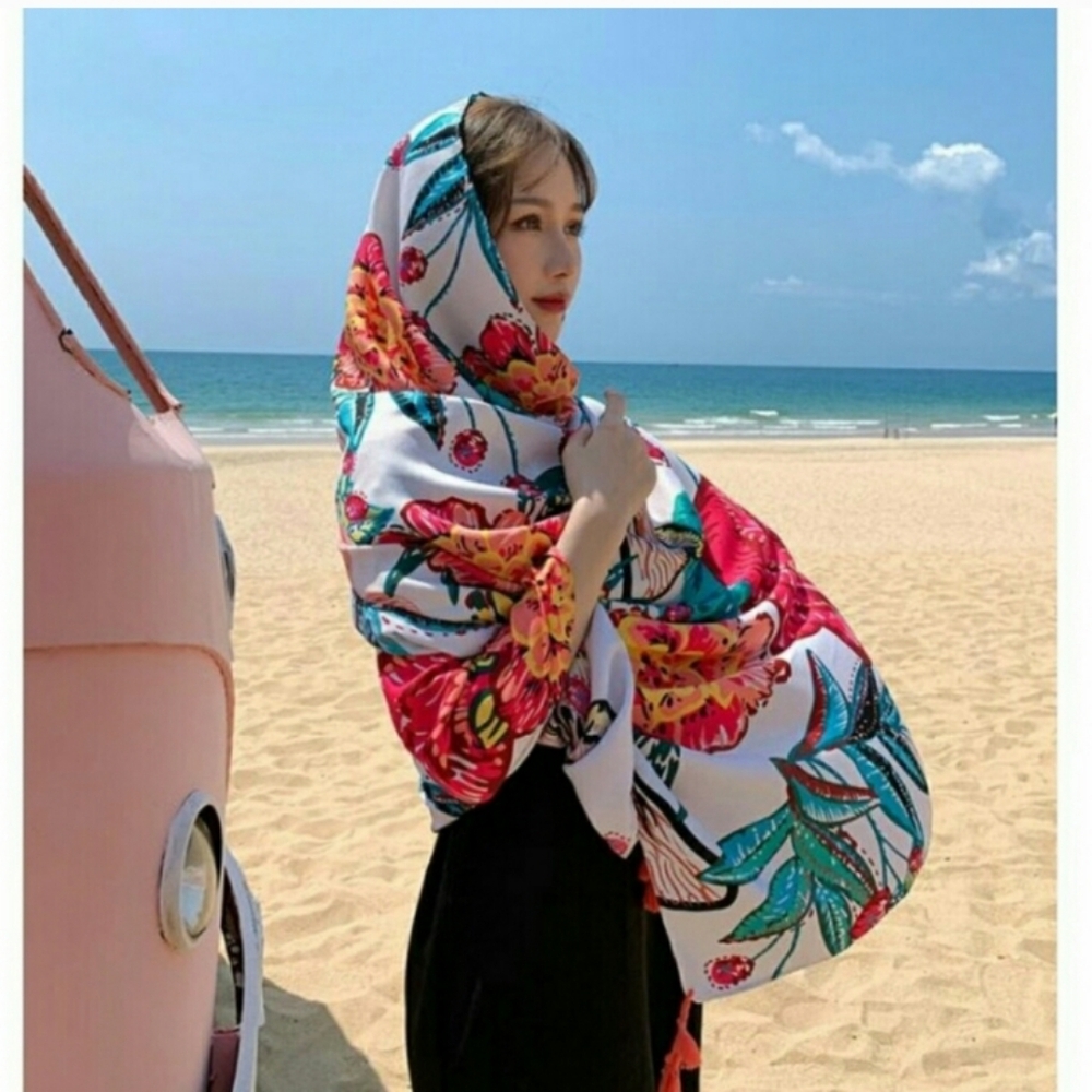 Floral Print Sarong Scarf Shawl Wrap Swim Cover Up - Picture 3 of 4